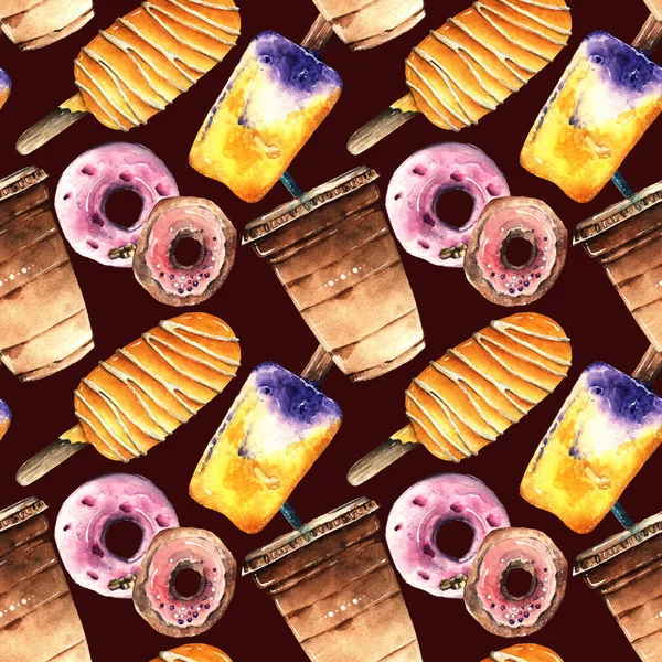 Watercolor Illustration Sweet Summer Cold Coffee Ice Cream Donut Handmade — Stock Photo, Image
