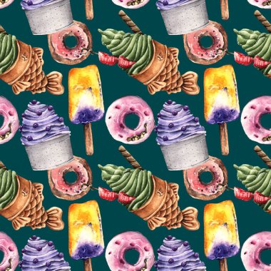 Suluboya çizimi. Tatlı yaz, Balık Dondurması Taiyaki, Donut, Donut, Dondurma, el yapımı, kartpostal, tişört baskısı, pürüzsüz desen, koyu arkaplan