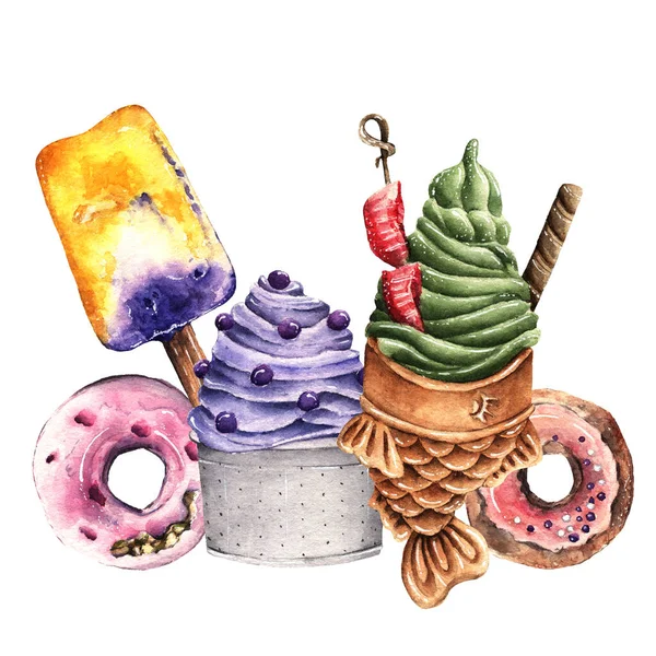 Watercolor Illustration Sweet Summer Fish Ice Cream Taiyaki Donut Ice — Stock Photo, Image