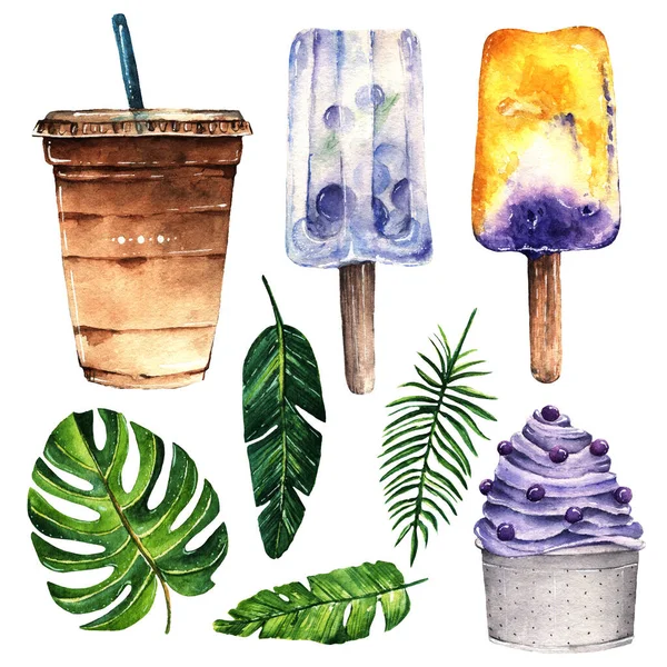 Watercolor Illustration Sweet Summer Ice Cream Fruit Ice Cold Coffee — Stock Photo, Image