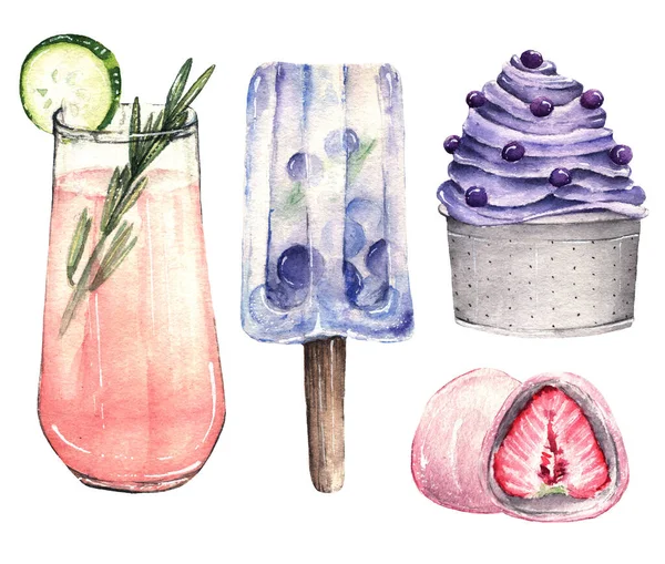 Watercolor Illustration Sweet Summer Cocktail Ice Cream Mochi Handmade Set — Stock Photo, Image