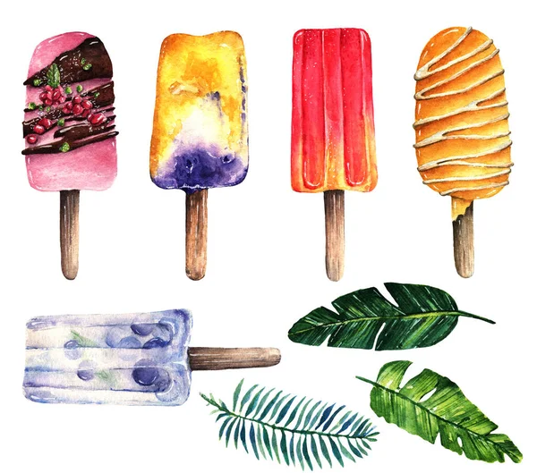 Watercolor Illustration Sweet Summer Ice Cream Fruit Ice Tropical Leaves — Stock Photo, Image