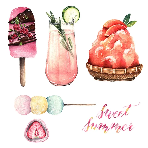 Watercolor Illustration Sweet Summer Shaved Ice Cocktail Mochi Ice Cream — Stock Photo, Image