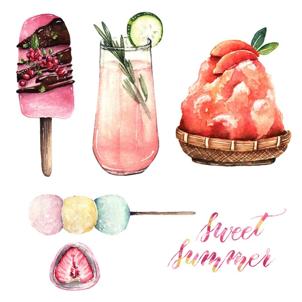 Ilustración Acuarela Dulce Verano Hielo Afeitado Cóctel Mochi Helado Hecho —  Fotos de Stock