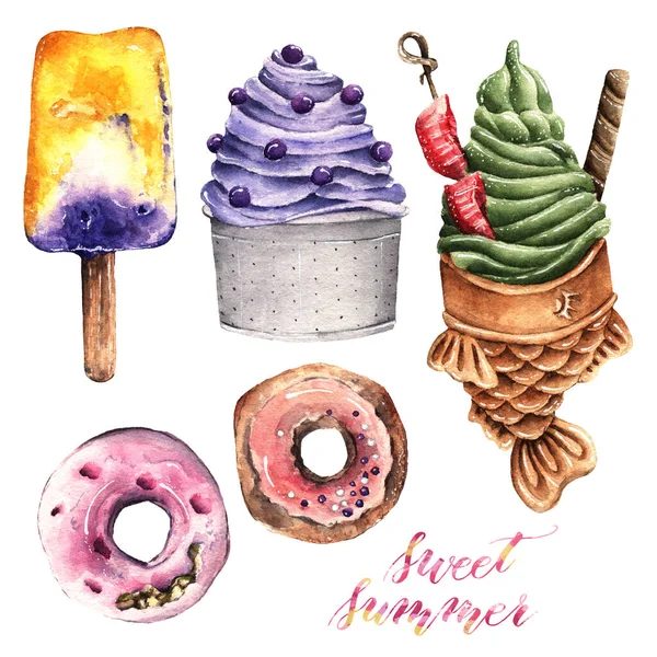 Ilustración Acuarela Dulce Verano Helado Pescado Taiyaki Donut Helado Hecho —  Fotos de Stock