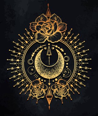 Vektör illüstrasyonu, astronomik geometri, ay, yıldızlar, güller, tişört üzerindeki baskılar, el yapımı, dövme, karatahta arka plan