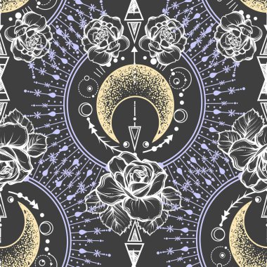 Vektör illüstrasyonu, astronomik geometri, ay, yıldızlar, güller, tişört üzerindeki baskı, el yapımı, pürüzsüz desen, gri arkaplan