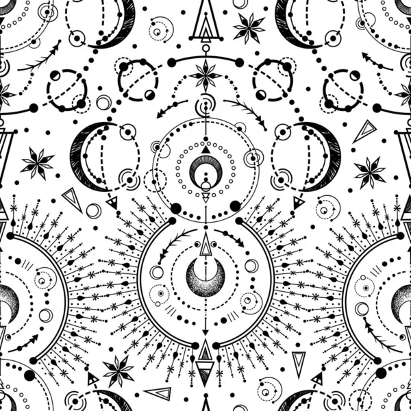 ベクトルイラスト 天文幾何学 Tシャツに印刷 入れ墨 手作り シームレスパターン 光の背景 — ストックベクタ