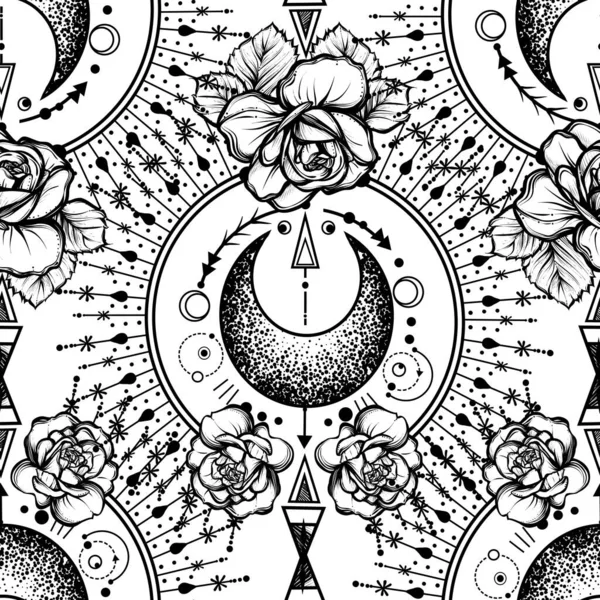 Vector illustration, astronomical geometry, moon, stars, roses, print on t-shirt, Handmade, seamless pattern, light  background