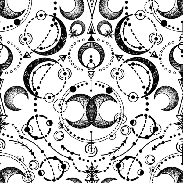 Vector illustration, astronomical geometry, moon, stars, Handmade, print on t-shirt, seamless pattern, light  background