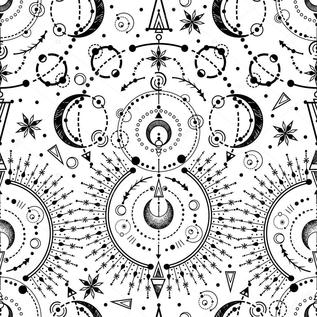 Vector illustration, astronomical geometry, moon, stars, print on t-shirt, tattoo, Handmade, seamless pattern, light  background