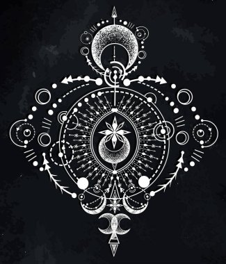Vektör çizimi, sihirli astroloji, simya, maneviyat ve okültizm, el yapımı, tişört, dövme, karatahta arka plan