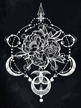 Vektör illüstrasyonu, simya, sihirli astroloji, maneviyat ve okültizm, el yapımı, tişört, dövme, karatahta arka plan
