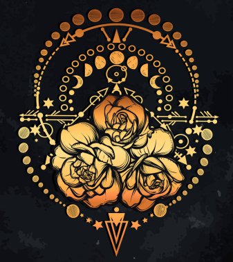 Vektör illüstrasyonu, Ay Evreleri, Simya, sihirli astroloji, maneviyat ve okültizm, güller, el yapımı, tişört üzerine baskı, karatahta arka plan