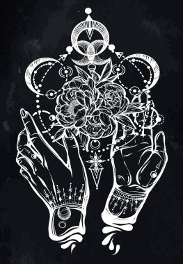 Vektör illüstrasyonu, sihirli astroloji, simya, maneviyat ve okültizm, ellerde sihirli sembol, el yapımı dövme, tişört baskısı, karatahta arka plan