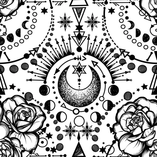 Векторная Иллюстрация Фазы Луны Алхимия Магическая Астрология Духовность Оккультизм Розы — стоковый вектор