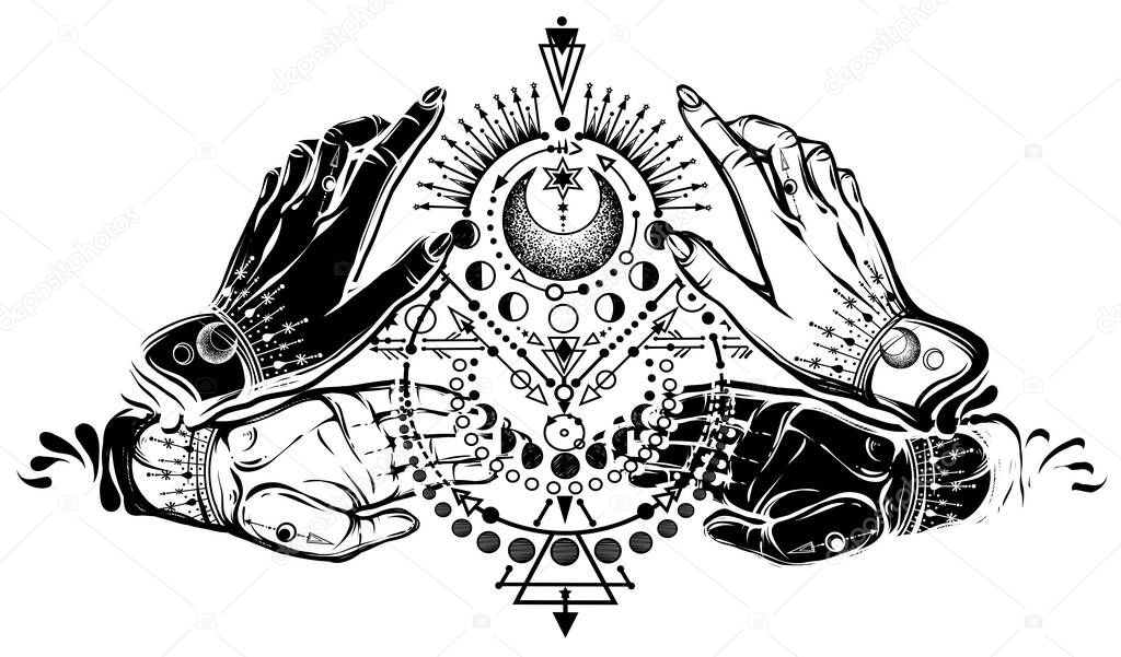 Vector illustration, magical astrology, Alchemy, spirituality and occultism, magic symbol in hands, print on t-shirt, tattoo, Handmade