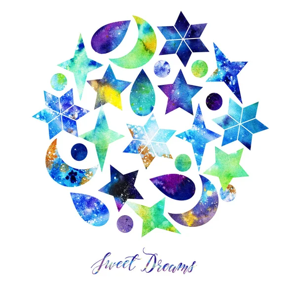 Aquarell Illustration Astronomie Mond Klecks Sterne Postkarte Für Sie Handgemacht — Stockfoto