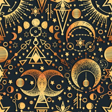 Vektör illüstrasyonu, simya, sihirli astroloji, maneviyat ve okültizm, el yapımı, kusursuz desen, tişört baskısı, koyu yeşil arka plan.