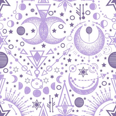 Vektör illüstrasyonu, simya, sihirli astroloji, maneviyat ve okültizm, el yapımı, kusursuz desen, tişört baskısı, açık arkaplan