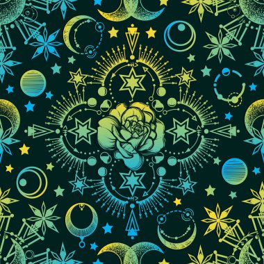 Vektör illüstrasyonu, simya, sihirli astroloji, maneviyat ve okültizm, güller, el yapımı, tişörtte baskı, koyu yeşil arka plan, kusursuz desen