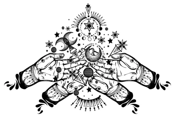 Illust Vetorial Astrologia Mágica Alquimia Espiritualidade Ocultismo Símbolo Mágico Mãos — Vetor de Stock