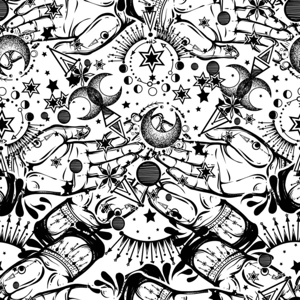 Vector illustration, magical astrology, Alchemy, spirituality and occultism, magic symbol in hands, light background, seamless pattern, Handmade, print on t-shirt