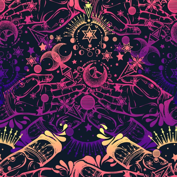 Vector illustration, magical astrology, Alchemy, spirituality and occultism, magic symbol in hands, dark  background, seamless pattern, Handmade, print on t-shirt