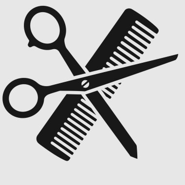 Siyah makas silueti ve tarak, saç şekillendirme ve berberlik araçlarını temsil ediyor..