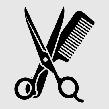 Çapraz makas ve tarağın siyah silueti kuaförlüğü ve berber hizmetlerini sembolize ediyor..