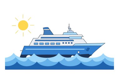Gökyüzünde sarı bir güneşle okyanusta yelken açan mavi bir yolcu gemisinin tasviri.