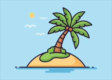 İki palmiye ağacı, kum, su ve bulutlu tropikal bir adanın resmi..