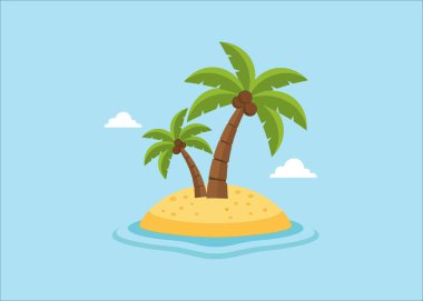 Mavi gökyüzüne karşı palmiye ağacı, güneş ve kuşları olan tropik bir adanın çizgi film çizimi.