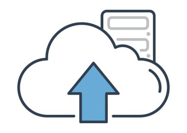 Yukarı bakan bir ok ile bulutu tasvir eden bir minimalist çizgi sanat simgesi, bir sunucuya veri yüklemesini sembolize ediyor, teknoloji ve internetle ilgili kavramlar için ideal.