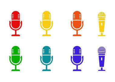 Değişik renklerde sekiz mikrofon simgesinden oluşan canlı bir koleksiyon, farklı ses kayıt ve yayın ekipmanlarını temsil ediyor..