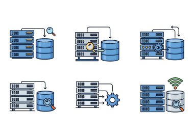 Arama, analiz ve bağlantı gibi çeşitli işlemleri olan veritabanı sunucularını temsil eden altı simge kümesi