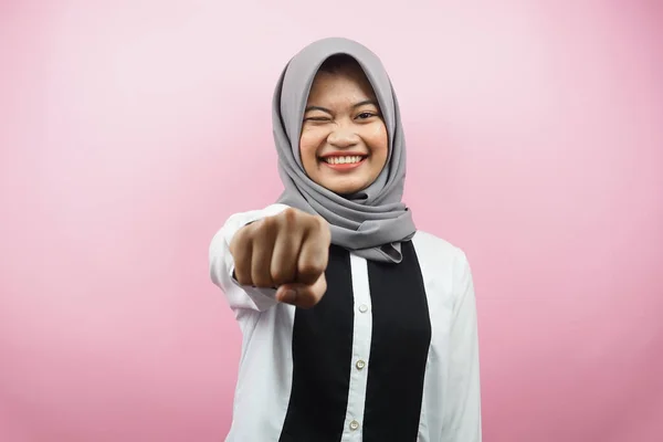 Beautiful Young Asian Muslim Woman Smiling Confident Enthusiastic Cheerful Fists — Stock Photo, Image