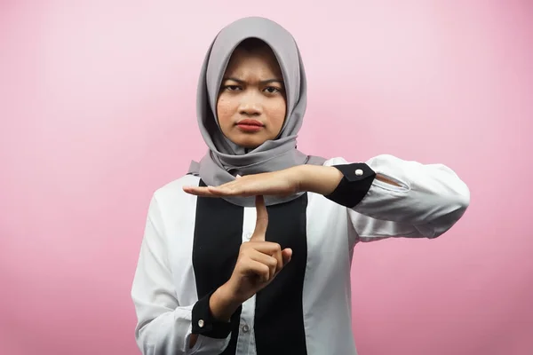 Beautiful Asian Young Muslim Woman Hand Showing Stop Sign Silent — Stock Photo, Image