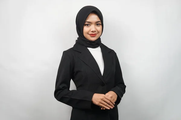 Beautiful Young Asian Muslim Business Woman Confident Smiling Isolated Gray — Stock Photo, Image