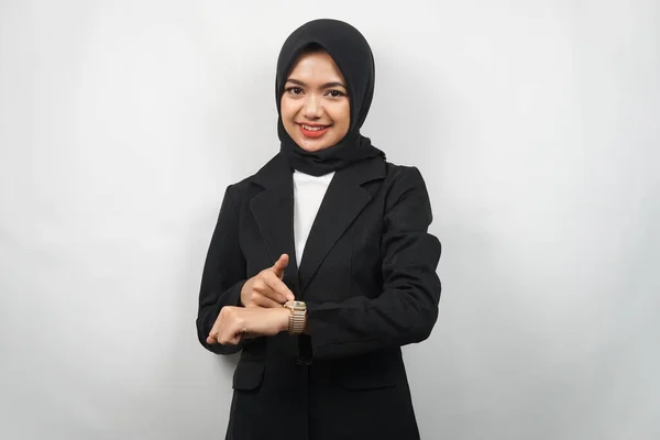 Beautiful Young Asian Muslim Business Woman Confident Smiling Hands Pointing — Stock Photo, Image