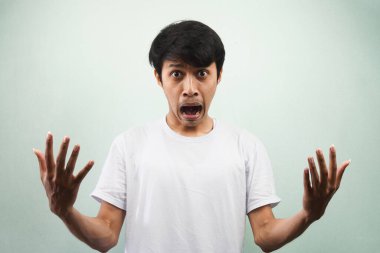 Beyaz t-shirt giyen Asyalı genç adam şok oldu, histerik, vay be ifadesi, beklenmedik, ağzı açık ve açık bakan gözler gri arka planda izole kameraya bakıyor, reklam konsepti