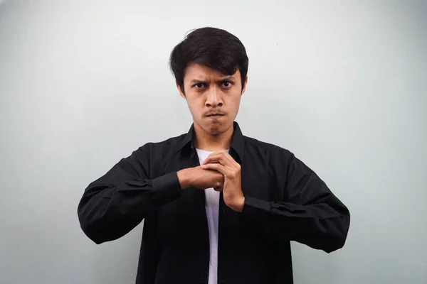 Jovem Asiático Homem Vestindo Camisa Preta Sério Forte Praticando Artes — Fotografia de Stock