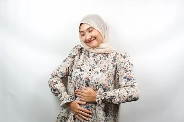 Bela Jovem Ásia Muçulmano Mulher Sorrindo Alegremente Com Mãos Segurando — Fotografia de Stock