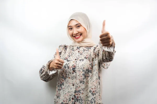 Hermosa Joven Asiática Musulmana Mujer Sonriendo Confiado Entusiasta Alegre Con —  Fotos de Stock