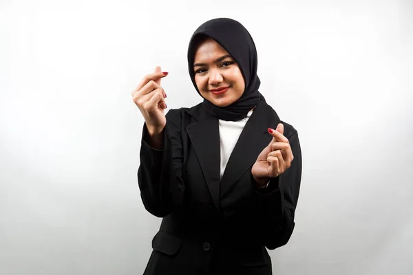 Piękna Młoda Azjatycka Muzułmanka Biznesowa Uśmiechnięta Koreańskim Znakiem Miłosnym Blisko — Zdjęcie stockowe
