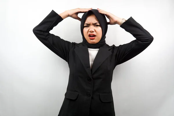 Gyönyörű Fiatal Ázsiai Muszlim Üzletasszony Megdöbbent Meglepett Wow Kifejezés Kezét — Stock Fotó