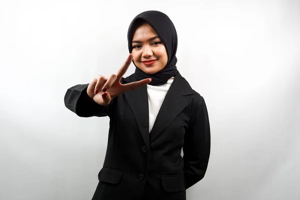 Bonita Jovem Asiático Muçulmano Mulher Negócios Bebendo Com Assinado Mãos — Fotografia de Stock