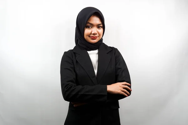 Bonito Jovem Asiático Muçulmano Mulher Negócios Sorrindo Confiantemente Com Braços — Fotografia de Stock
