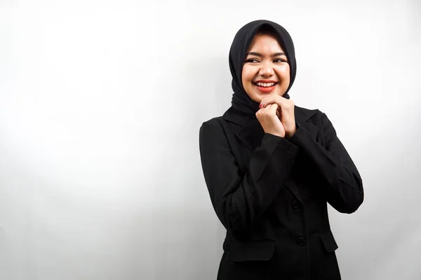 Hermosa Joven Mujer Negocios Musulmana Asiática Confiada Alegre Buscando Espacio —  Fotos de Stock
