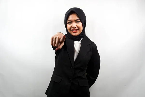 Mooie Jonge Aziatische Moslim Zakenvrouw Met Handen Gericht Camera Willen — Stockfoto